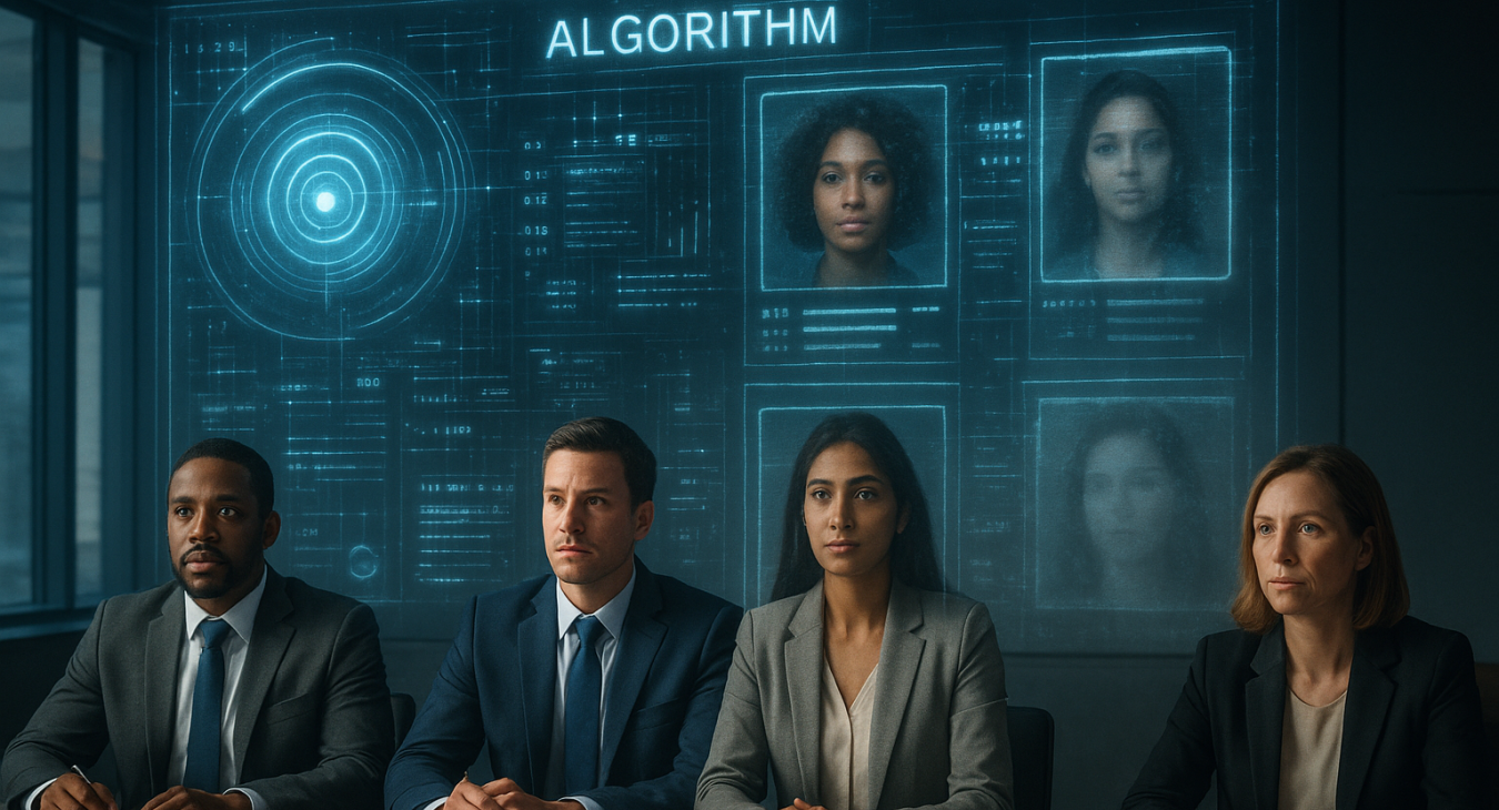 Highly photorealistic cinematic scene of a glowing algorithmic interface projecting data over diverse job applicants in a modern conference room; the interface displays seemingly objective data points but is conspicuously biased.