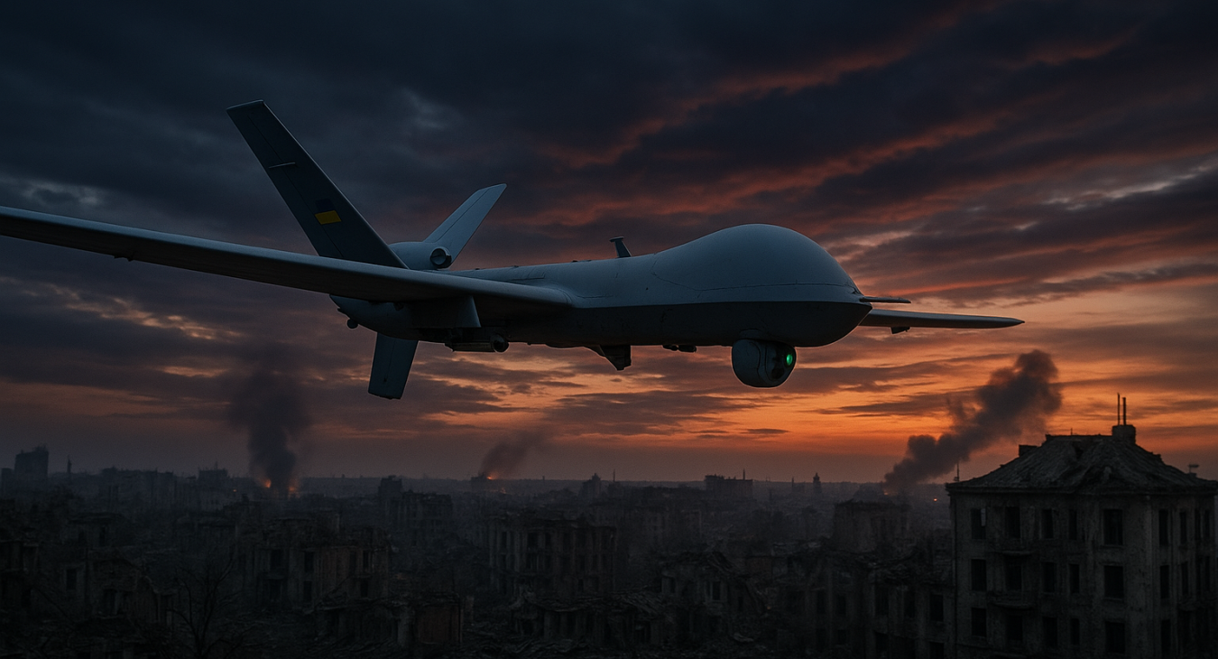 Hyper-realistic cinematic view of a war-torn Eastern European city at twilight, with an autonomous Ukrainian drone equipped with AI targeting systems flying over the ruins.