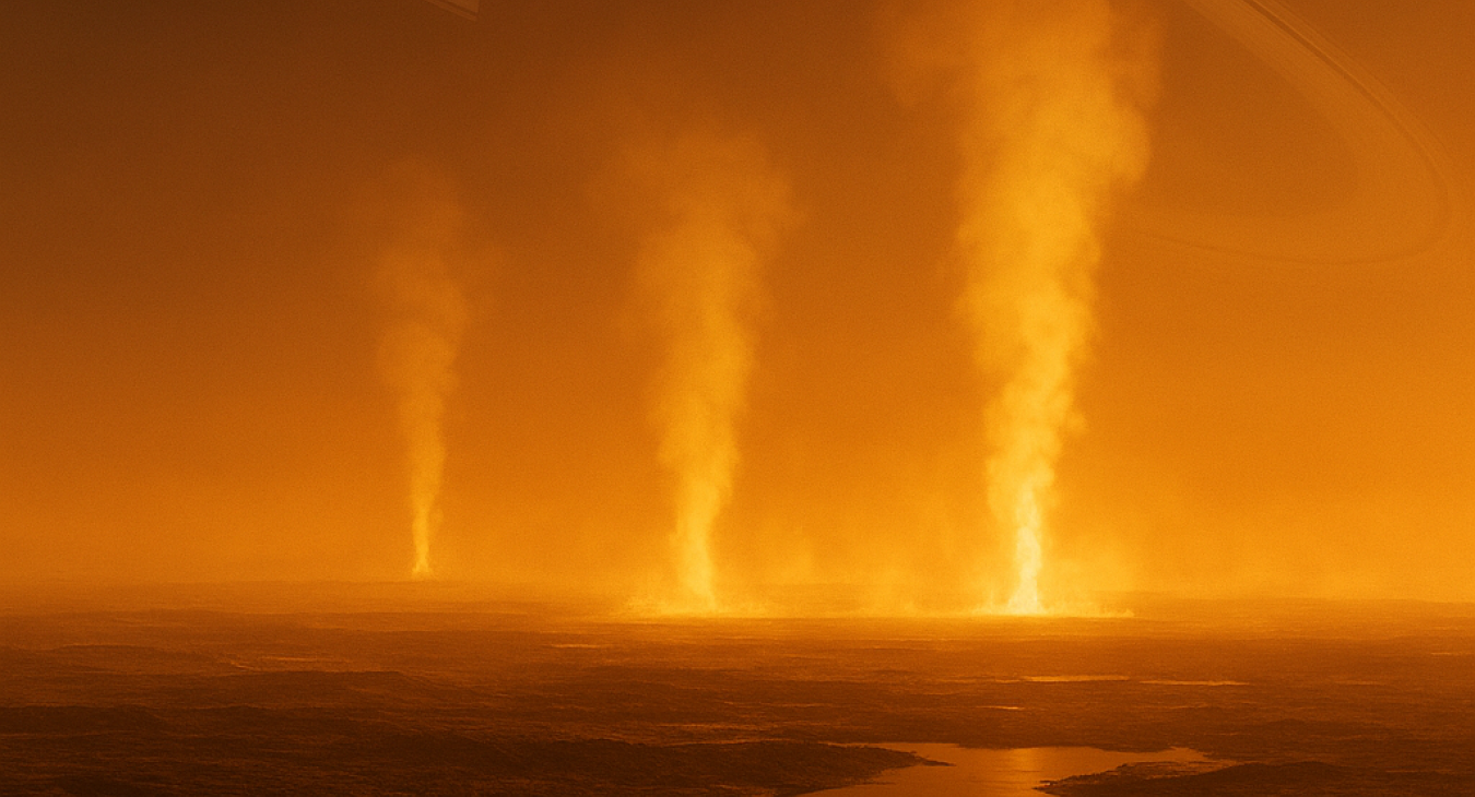 Photorealistic scene on Titan: dark ethane seas, brilliant glowing plumes ascending into a thick orange sky, with Saturn's rings visible in the distance.