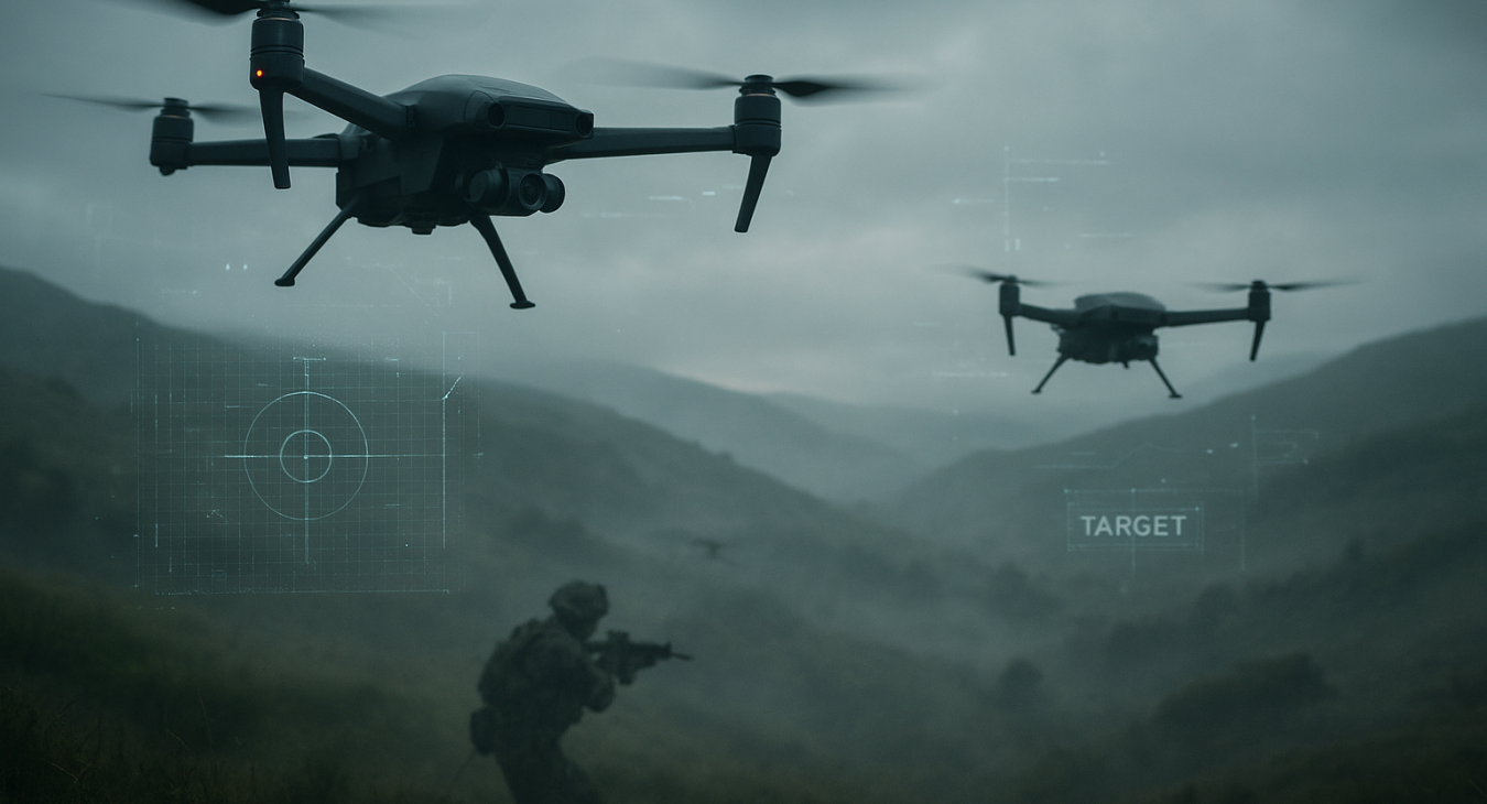 Photorealistic battlefield with autonomous drones over misty hills, holographic AI tracking overlays