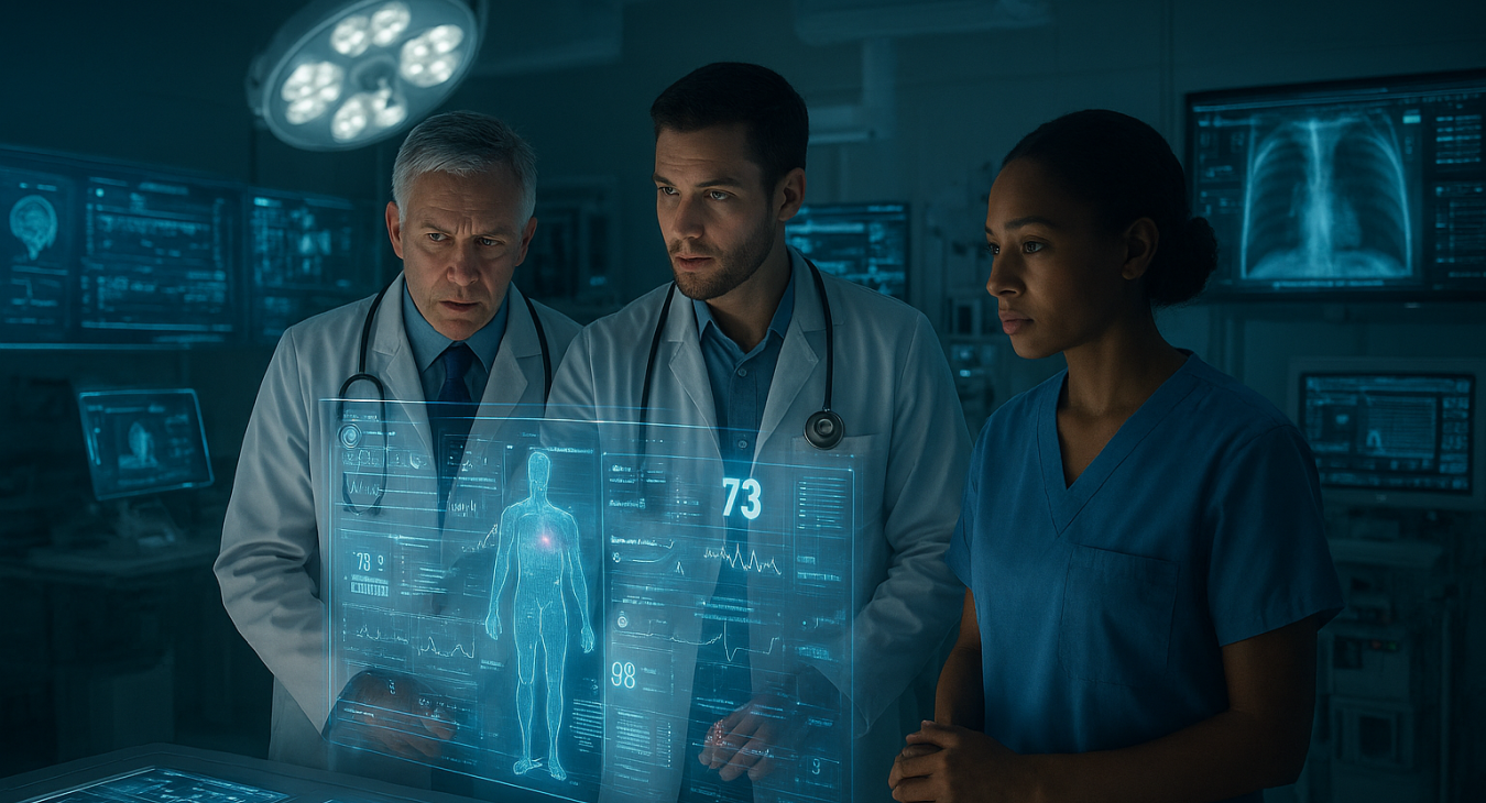 Medical team in a state-of-the-art emergency diagnostic room with holographic displays and advanced monitors showing patient data and insights.