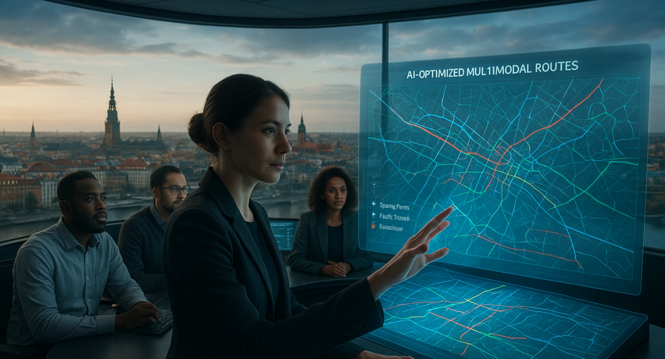 A photorealistic, cinematic scene of a diverse urban planning team in a futuristic control center overlooking Copenhagen. A focused female decision-maker interacts with a holographic interface showing AI-optimized city data.