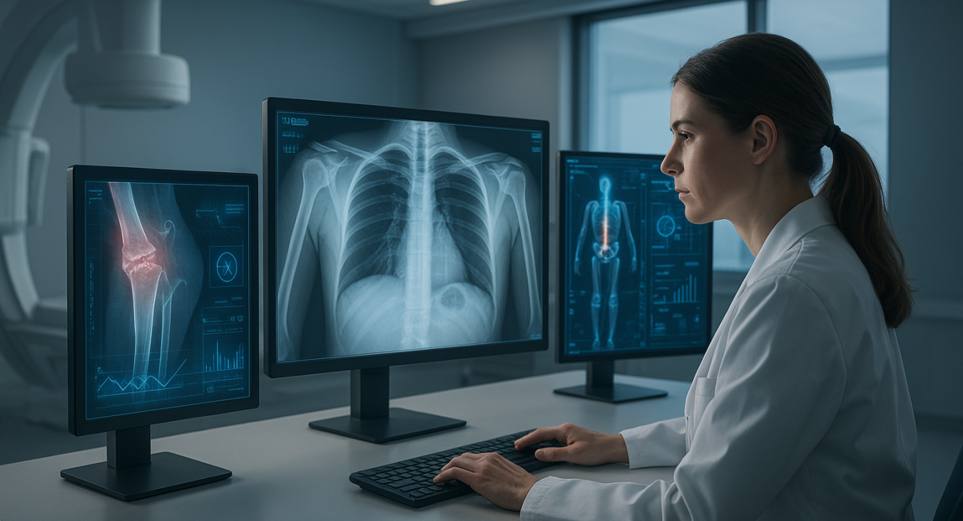 Photorealistic landscape of a state-of-the-art diagnostic radiology room in Scandinavia. A focused female specialist reviews intricate X-ray images on multiple screens, with holographic interfaces blending advanced AI algorithms.