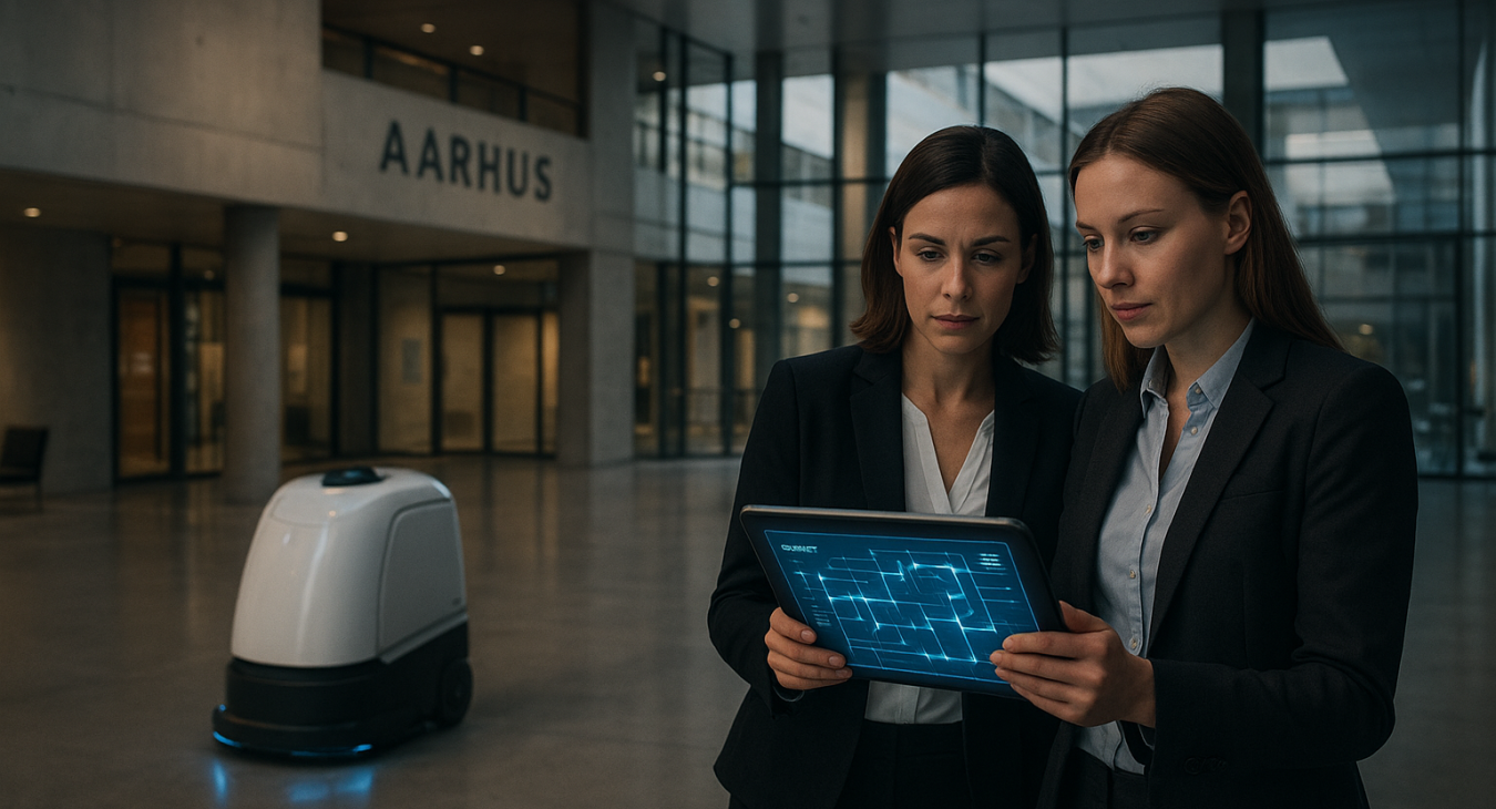 Two sharply dressed female facility managers examine a glowing tablet showing optimized routes for an advanced AI cleaning robot in a modern university or corporate campus setting.