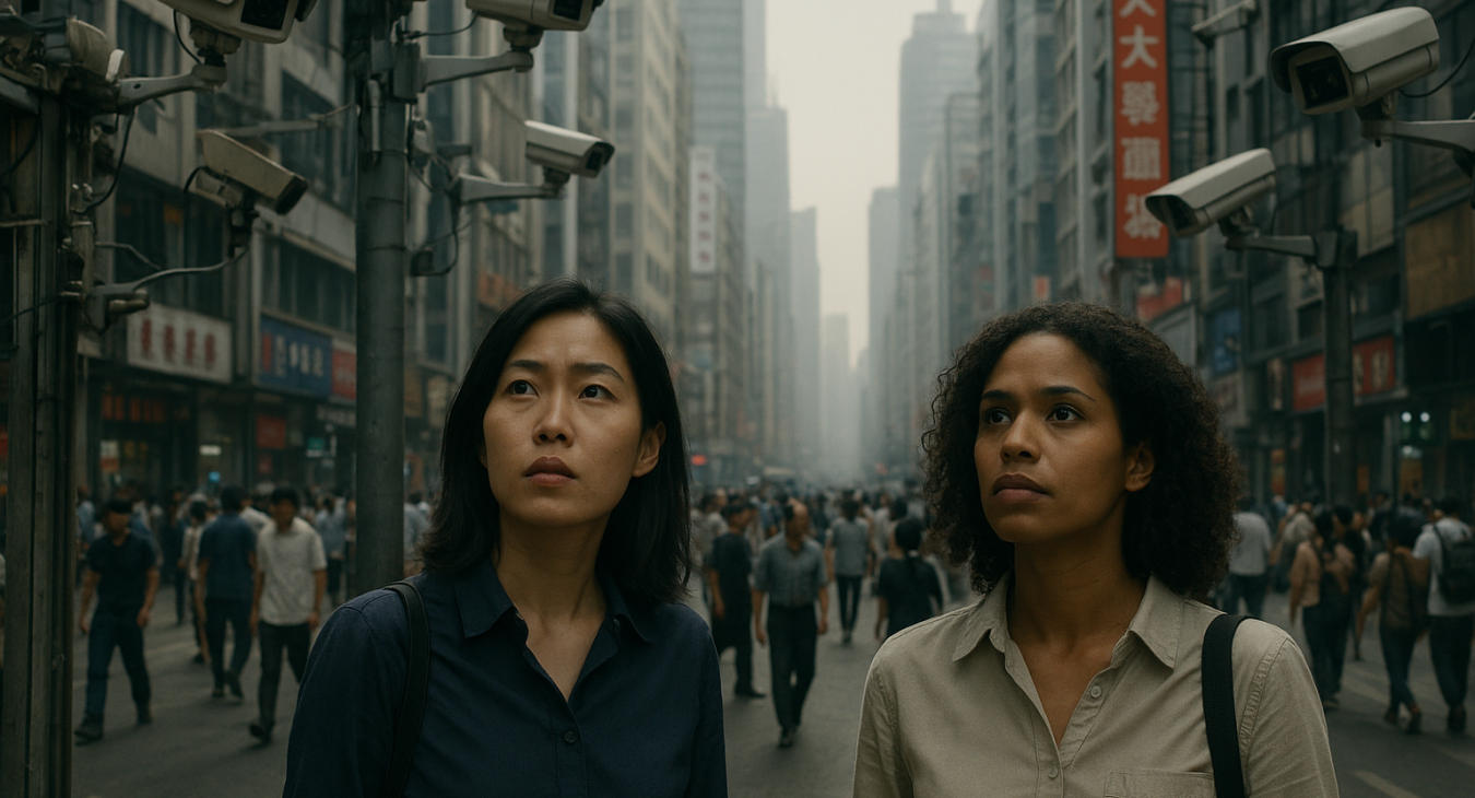 Photorealistic cinematic street scene of a bustling modern Chinese city, with pedestrians walking under the subtle yet constant gaze of high-tech surveillance cameras mounted on buildings and poles.