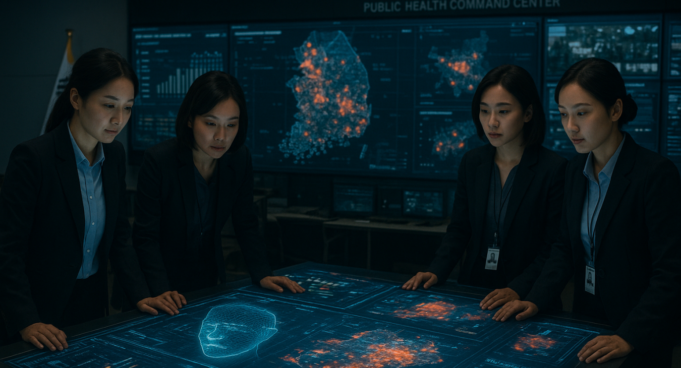 A photorealistic, cinematic landscape shot inside a high-tech South Korean public health command center; multiple female experts in professional attire are gathered around advanced holographic tables, intensely analyzing complex visual data streams.