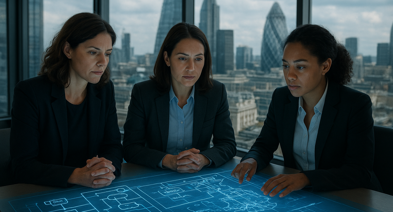 Three professional female policymakers in modern attire gathered around a glowing holographic console displaying complex AI flowcharts and UK infrastructure diagrams, symbolizing responsible digital governance.