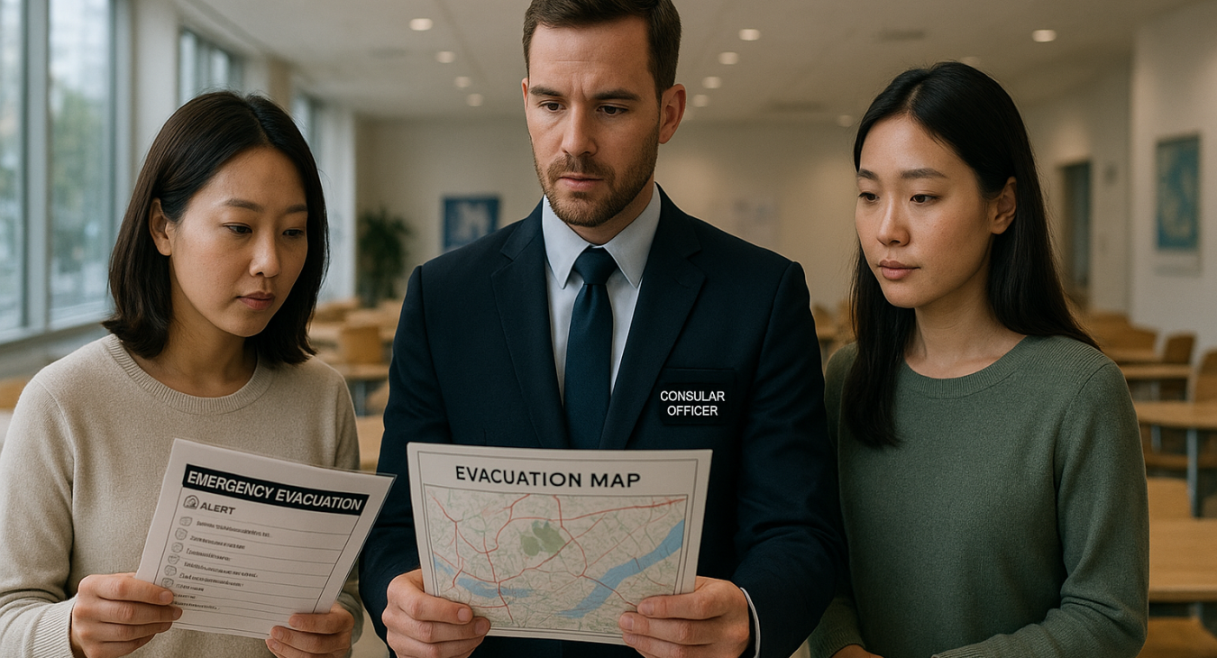A consular officer and two women review emergency evacuation maps and laminated checklists in a brightly lit community center in Seoul.