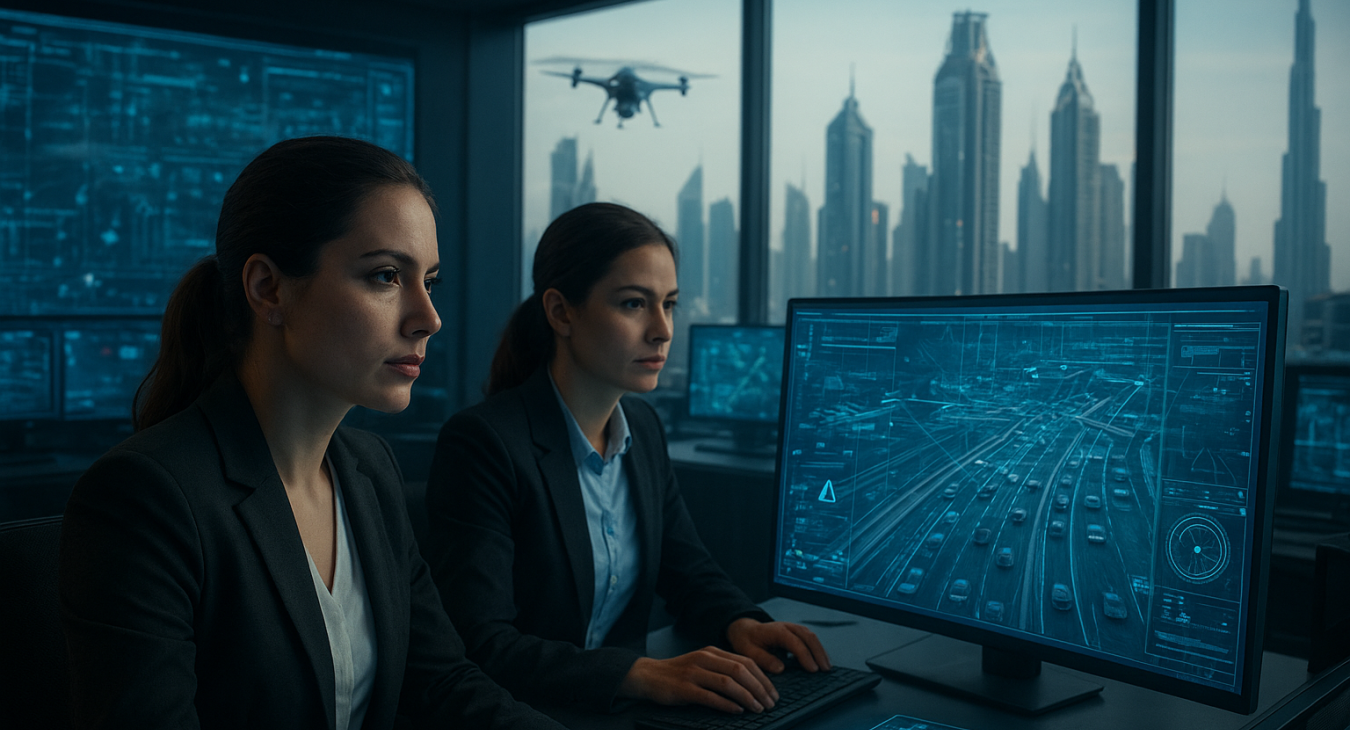 Two female analysts in professional attire monitor holographic screens with real-time AI surveillance feeds in a futuristic Dubai traffic command center.