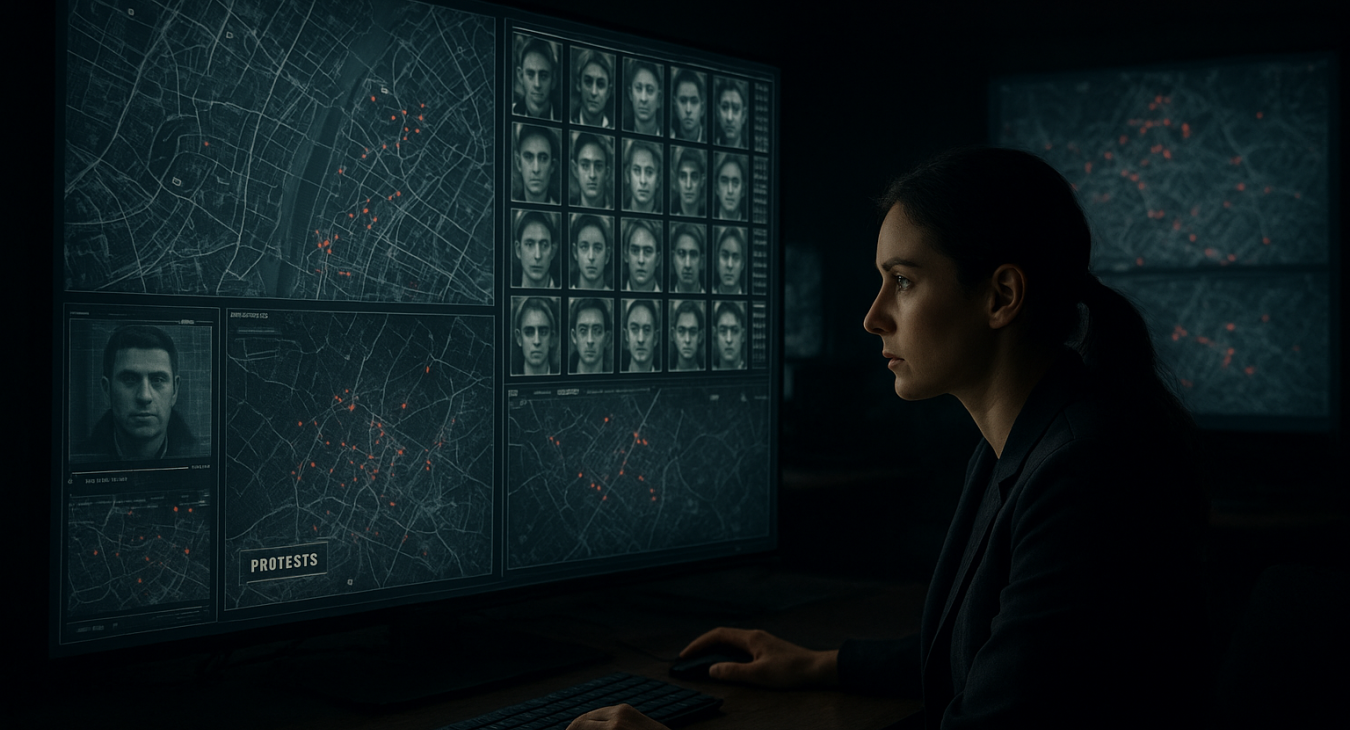 A dramatic cinematic shot inside a shadowed government command center with a focused female intelligence analyst monitoring large digital screens showing real-time AI surveillance grids and facial recognition data.