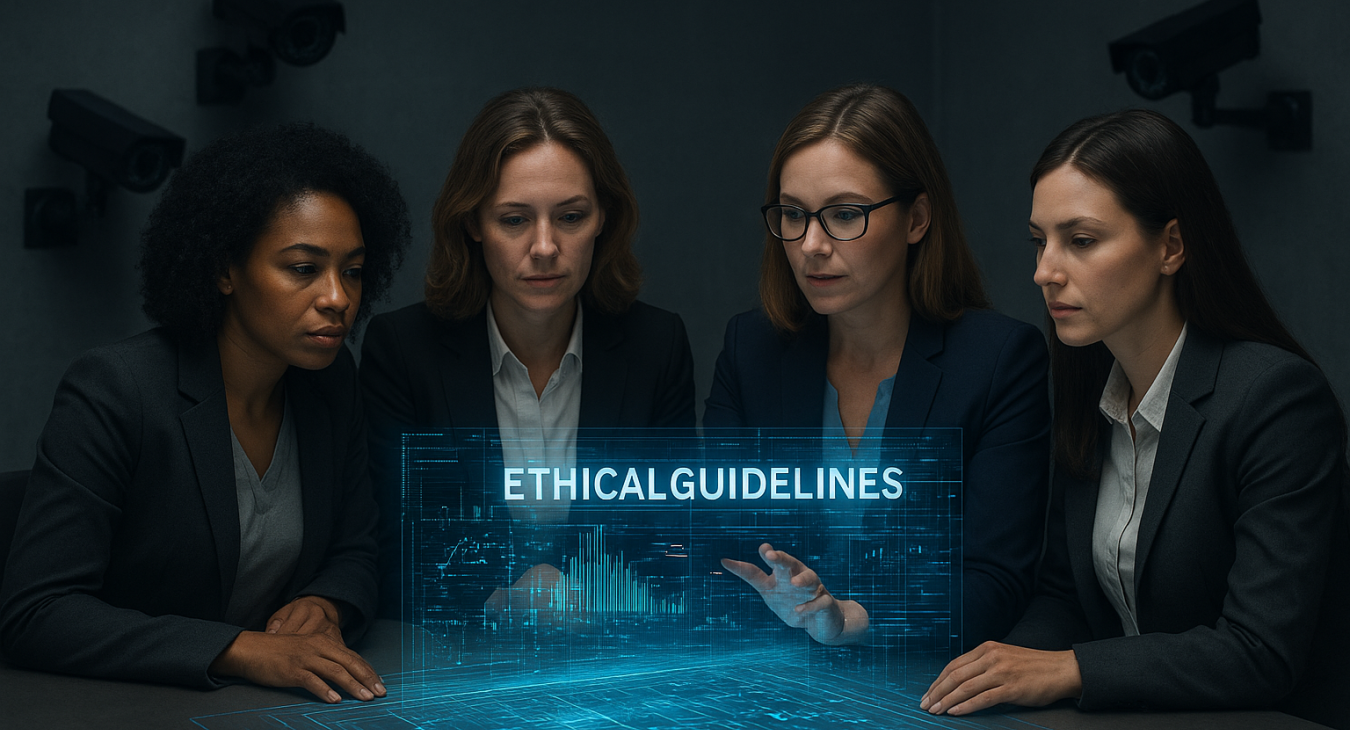 Diverse group of advocates and regulators, primarily women in professional attire, collaborating around an illuminated holographic console that visualizes complex ethical guidelines.