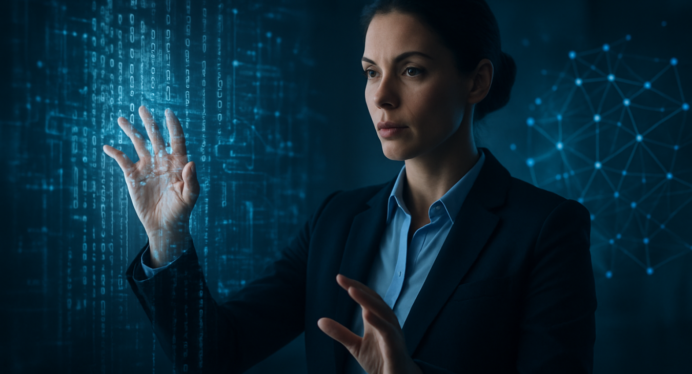 Confident professional woman standing inside a holographic projection of data streams and neural network nodes, gesturing with her hand.