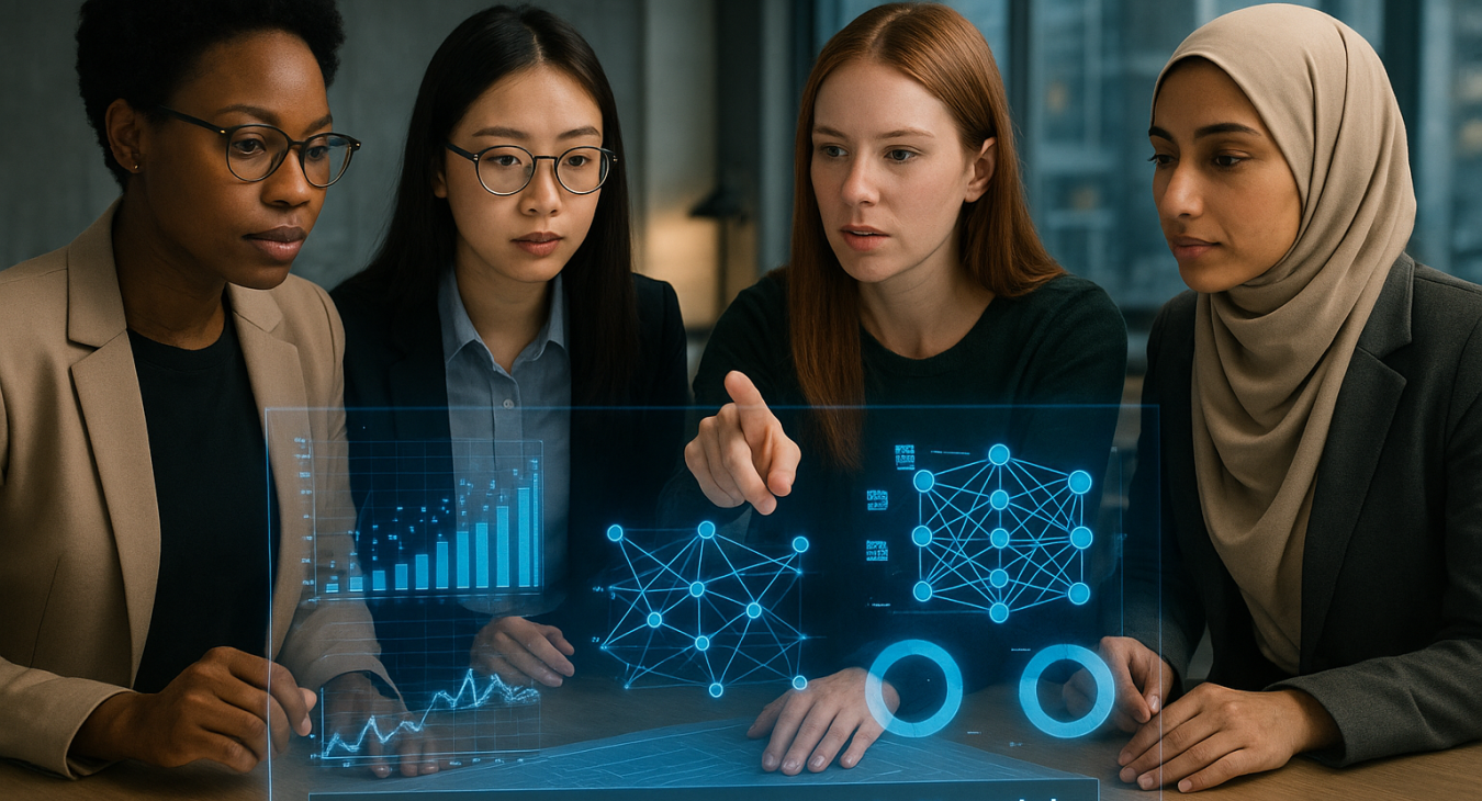 Diverse team of women data scientists and ethicists collaborating around holographic displays of complex data, carefully identifying and correcting biases.