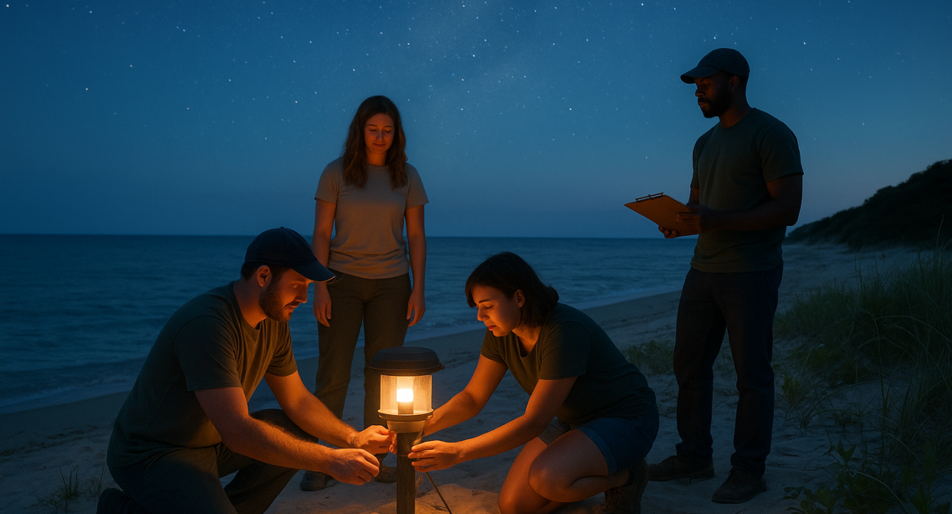 Environmental advocates install shielded, motion-sensor warm lighting on a serene twilight beach to protect sea turtles and nocturnal wildlife.