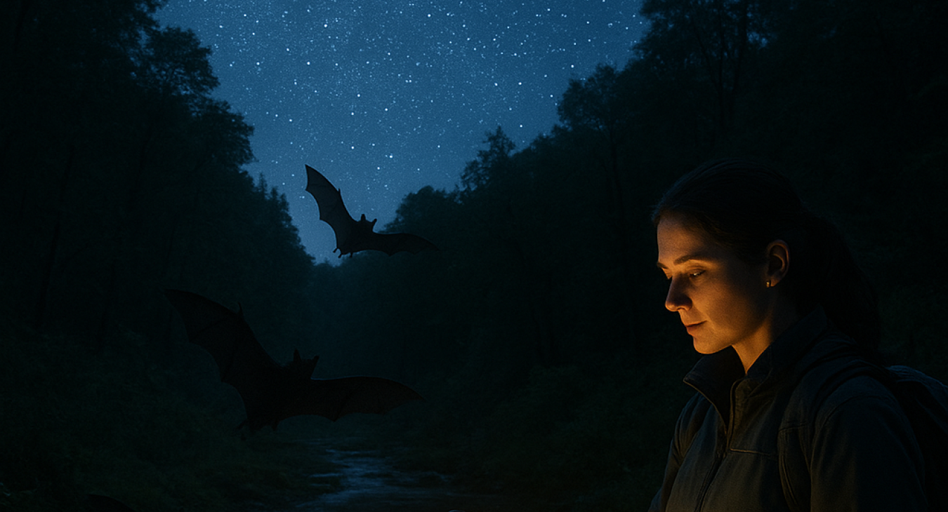 Photorealistic wild forest scene under a deep, unpolluted night sky, with majestic bat silhouettes near clear streams and a female environmental scientist reviewing data readings in the foreground.