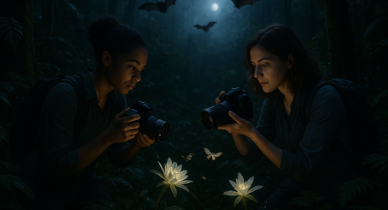 Photorealistic nocturnal rainforest scene illuminated by moonlight and bioluminescence, with bats returning to roosts and moths gathering around night-blooming flowers.