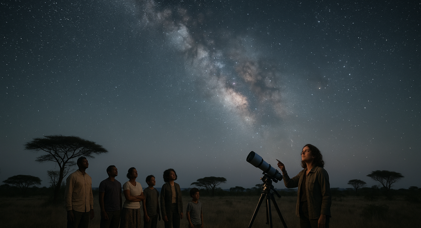 A diverse group of people, guided by a woman with astronomical equipment, standing on an African savanna at night under a dark sky lit only by the Milky Way.