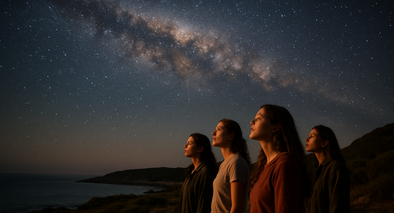 Small group of women with warmly lit faces gazing at a clear, pollution-free Milky Way over a coastal landscape at night.