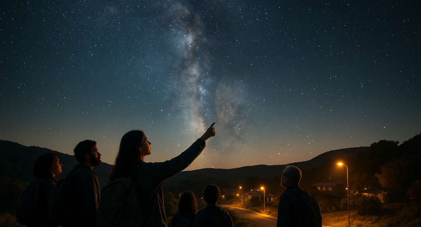 A diverse group of people at night, led by a woman pointing upward toward a brilliant, unobstructed Milky Way in a hyper-realistic cinematic landscape.