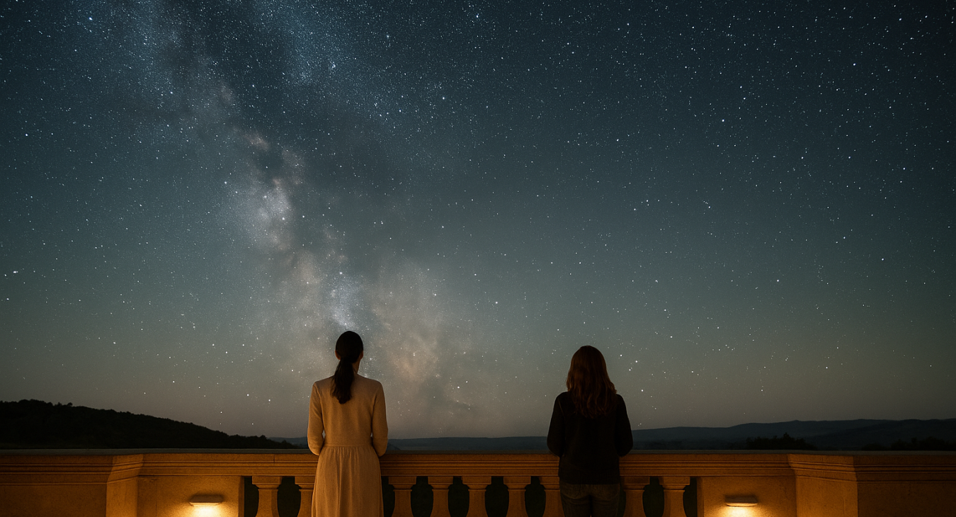 Photorealistic wide landscape of two women observing a brilliant starry night sky, with warm glowing architectural details in the foreground.
