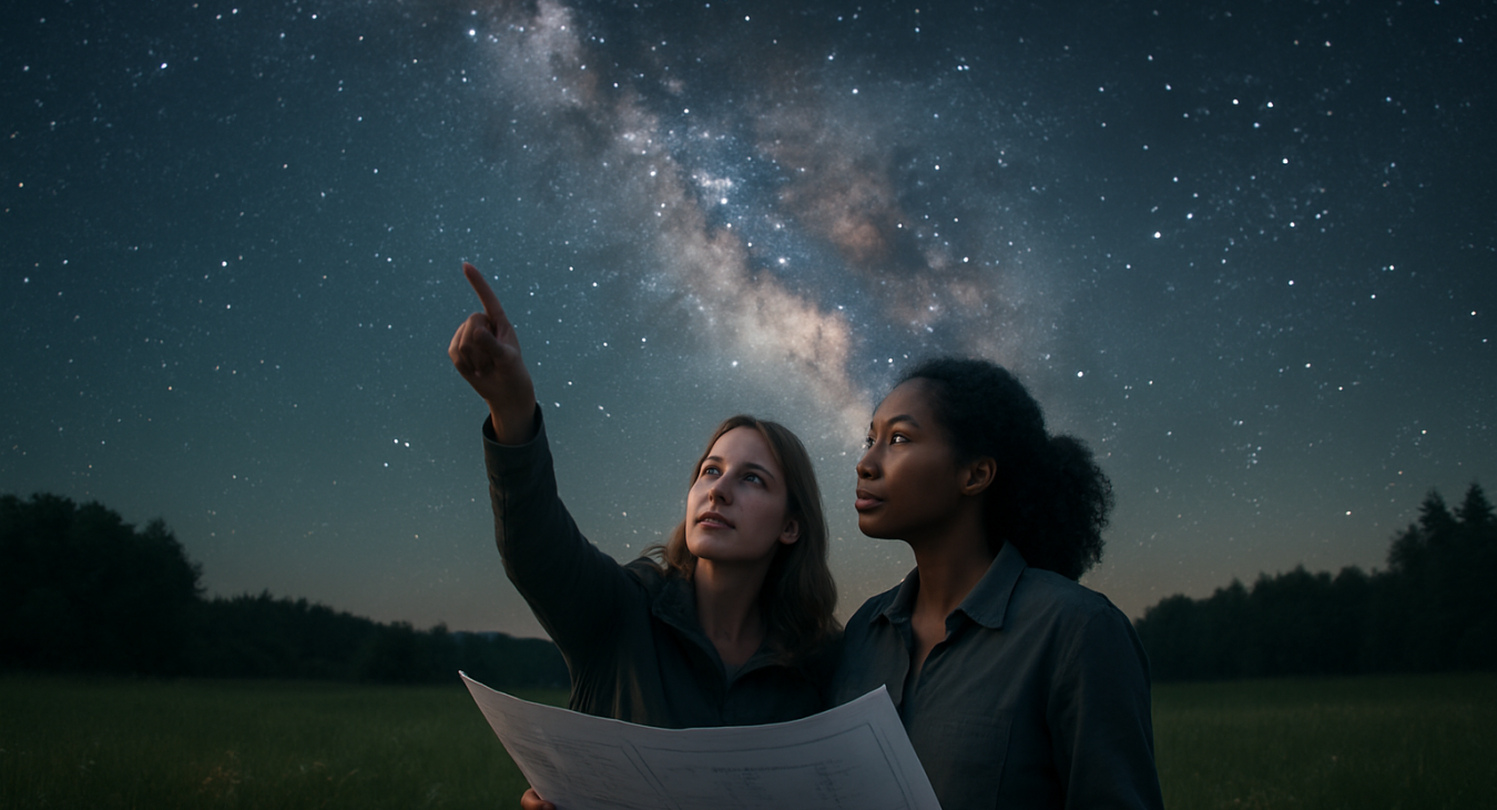 Two diverse women environmental experts in a meadow at night, pointing at the Milky Way while reviewing blueprints for targeted lighting to preserve dark skies.
