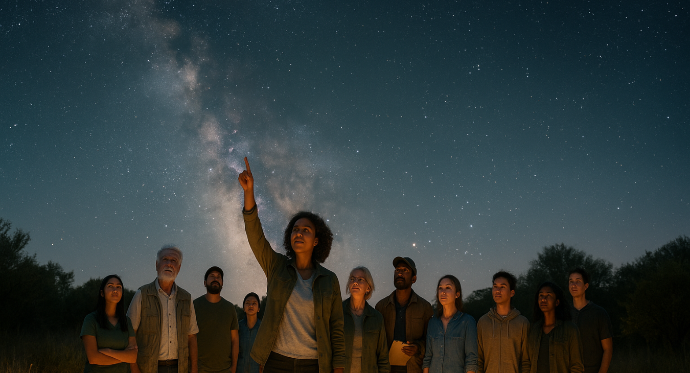 A hyper-detailed photorealistic wide panoramic shot of a diverse group of environmental scientists and community members, led by an inspiring woman making a positive decision, all gazing at the breathtaking crystalline clarity of the Milky Way sky.
