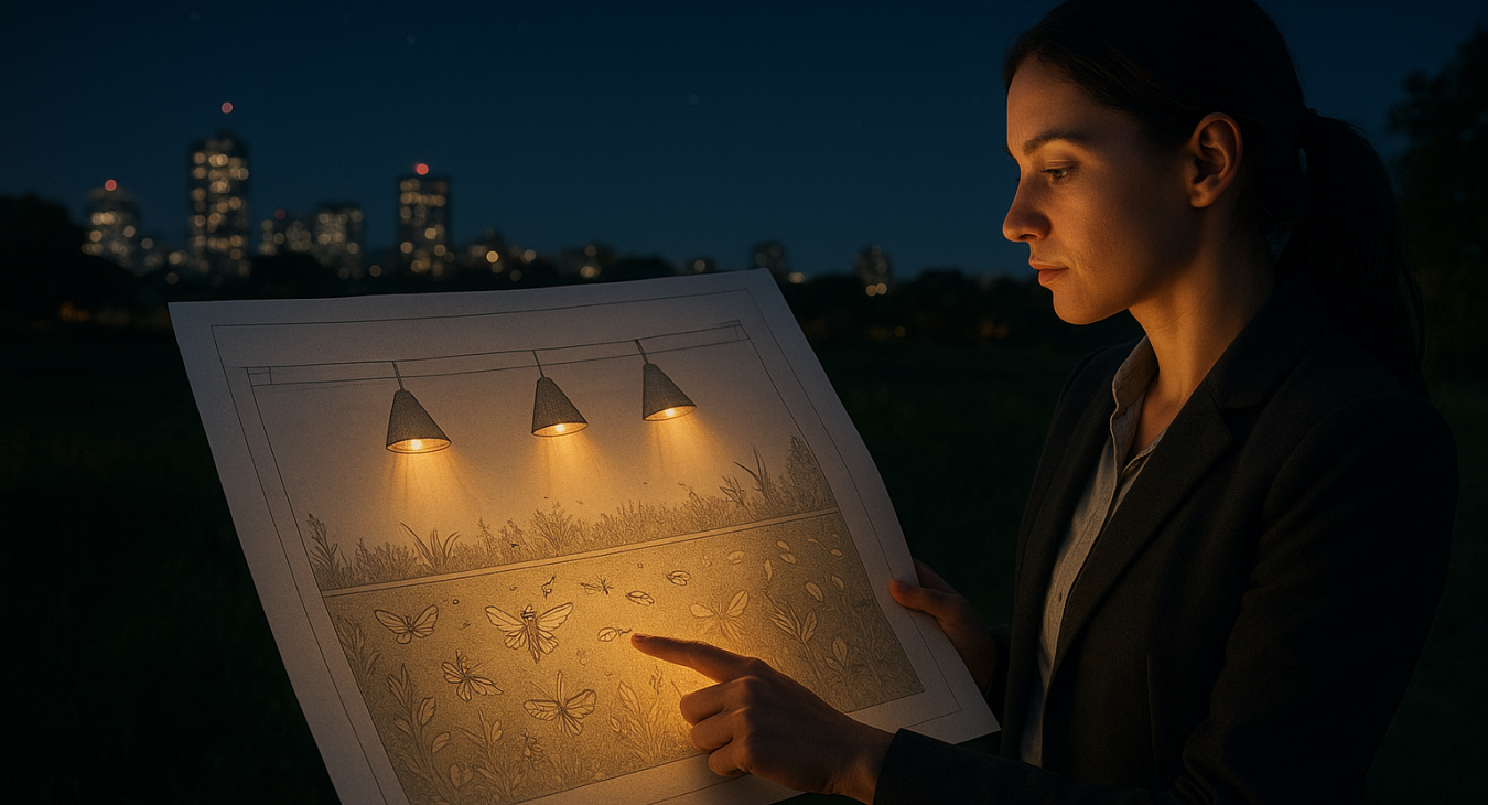 A photorealistic wide-angle night landscape of a woman architect examining nature's blueprint, pointing to a diagram with warm amber lights illuminating diverse insects below, symbolizing the interconnectedness of urban planning and natural ecosystems.