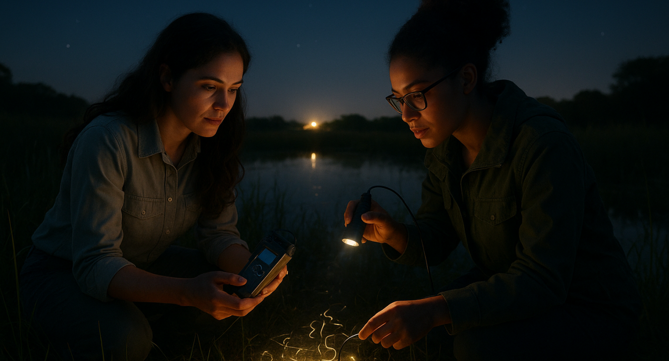 Two diverse women scientists and environmental activists examining illuminated insect trails at a remote wetland edge at night.