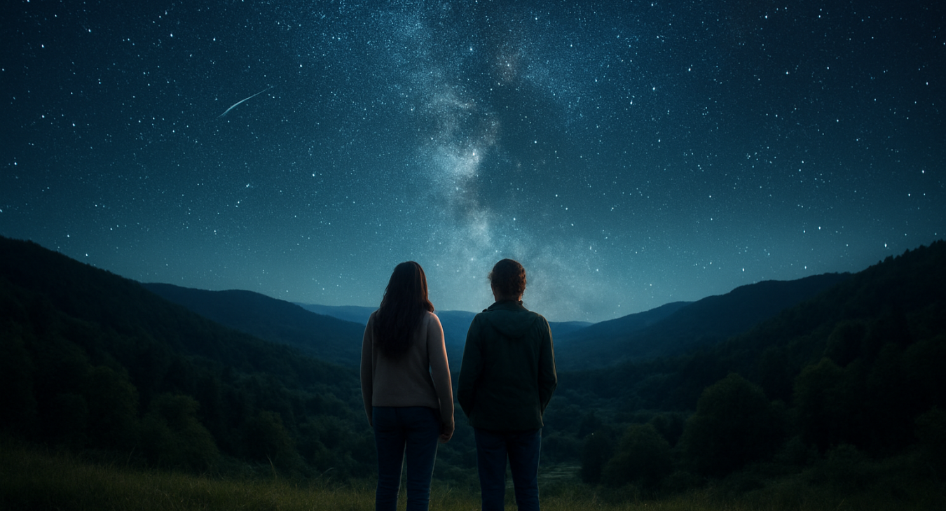 Two women stand on a grassy hill overlooking an ecologically preserved valley, gazing up at a clear night sky filled with vibrant celestial starlight, symbolizing natural guidance.