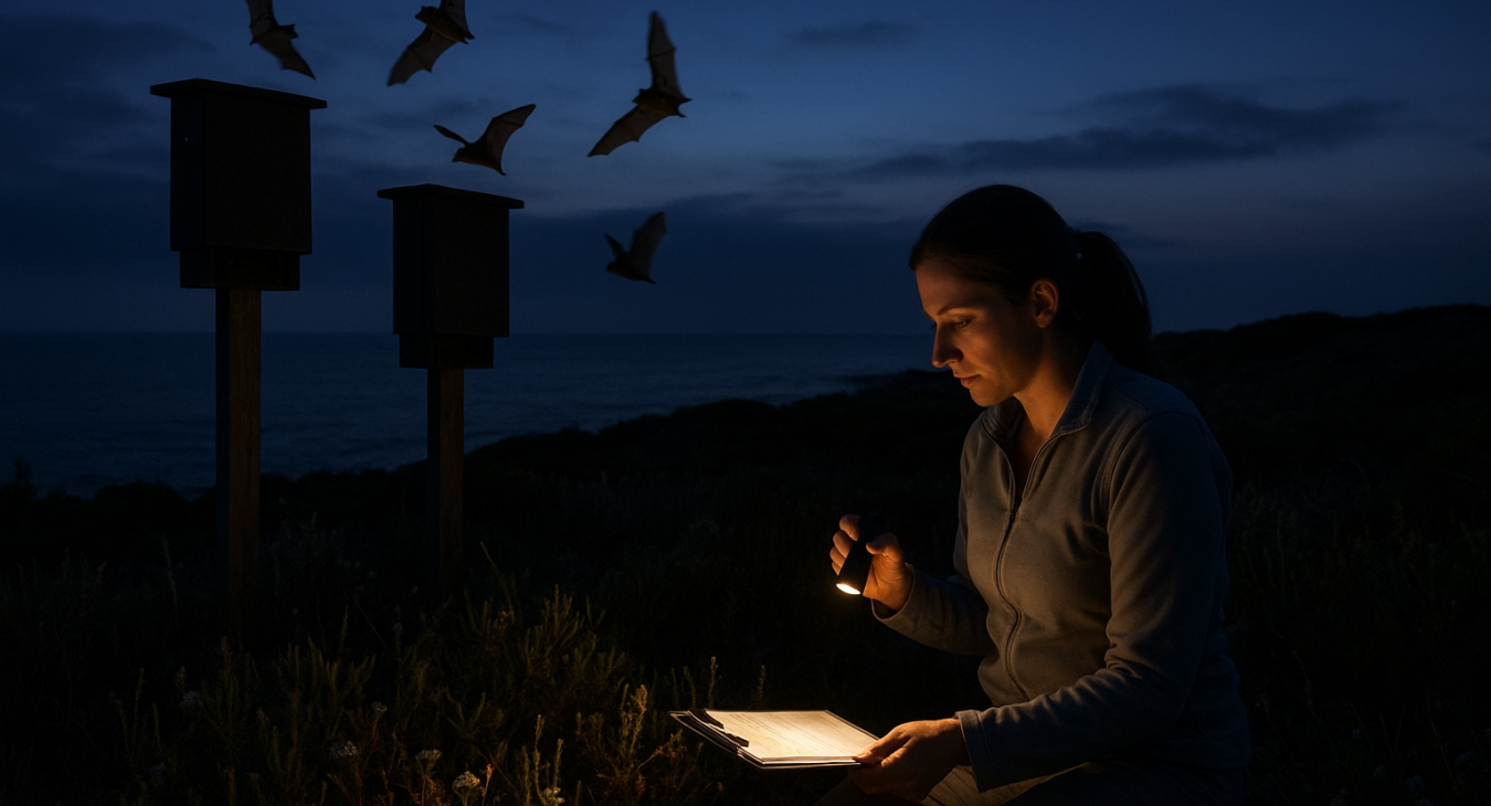 A woman researcher at dusk, lit by soft ground light, monitors a coastal habitat as bats emerge from protected roosting sites.