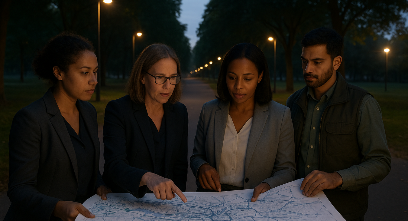 Diverse team of environmental policy leaders and biologists, led by women in professional attire, reviewing blueprints and mapping natural migration routes beneath a gently illuminated urban canopy.
