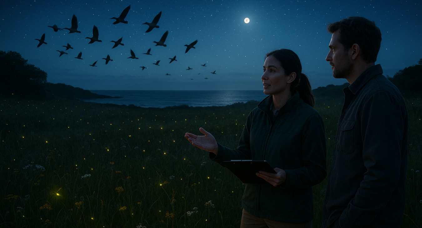 Nighttime coastal meadow with migrating birds, glowing insects, dim ambient light, and a woman in the foreground.