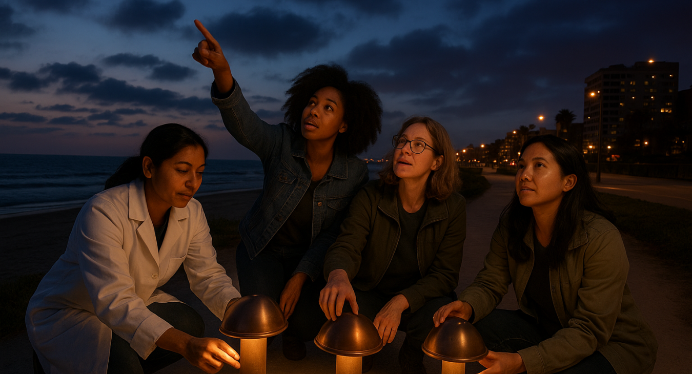 A photorealistic landscape image of a diverse group of women scientists and community advocates installing shielded warm-toned light fixtures on a coastal urban street at dusk, pointing toward the darkening sky.