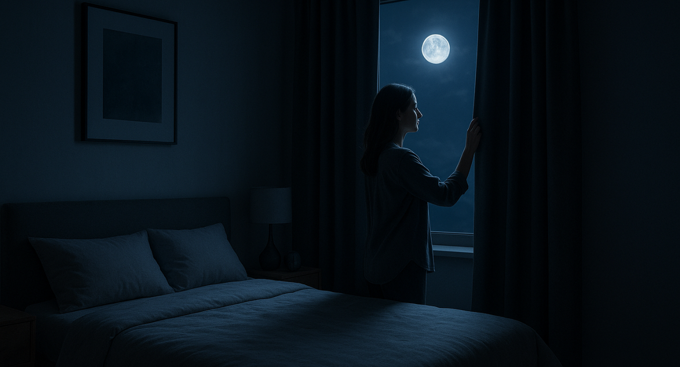 Serene modern bedroom with moonlight streaming through a window, as a thoughtful woman adjusts blackout curtains to create darkness.