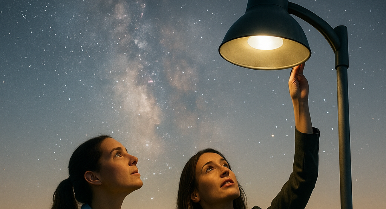 Two women in professional roles examining shielded, downward-facing lights while looking up at a breathtakingly dark, starry sky at dusk, depicting community efforts to reduce light pollution.