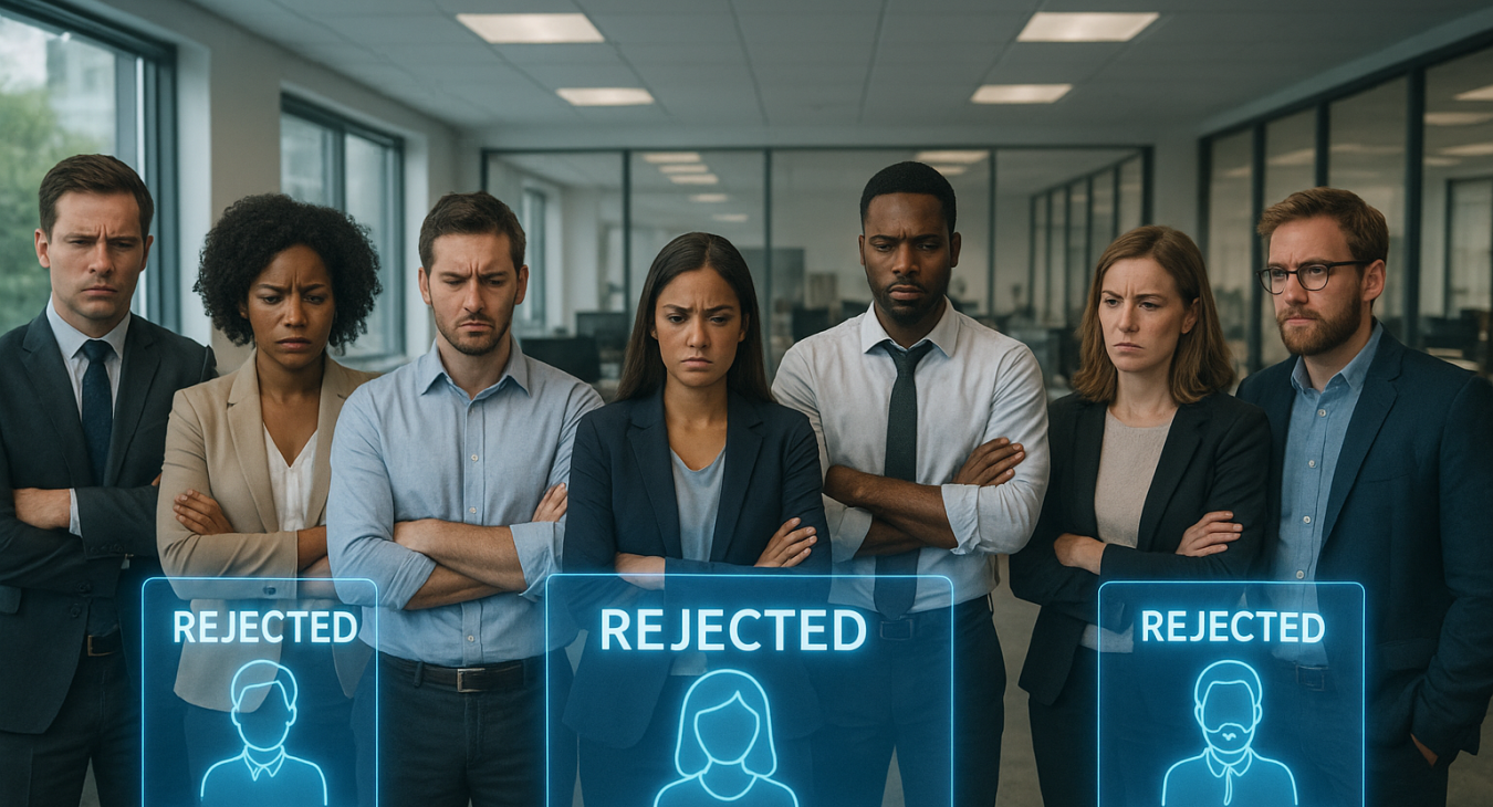 Photorealistic wide shot of diverse frustrated job candidates in a modern office, staring at holographic projections of biased algorithms rejecting their profiles.