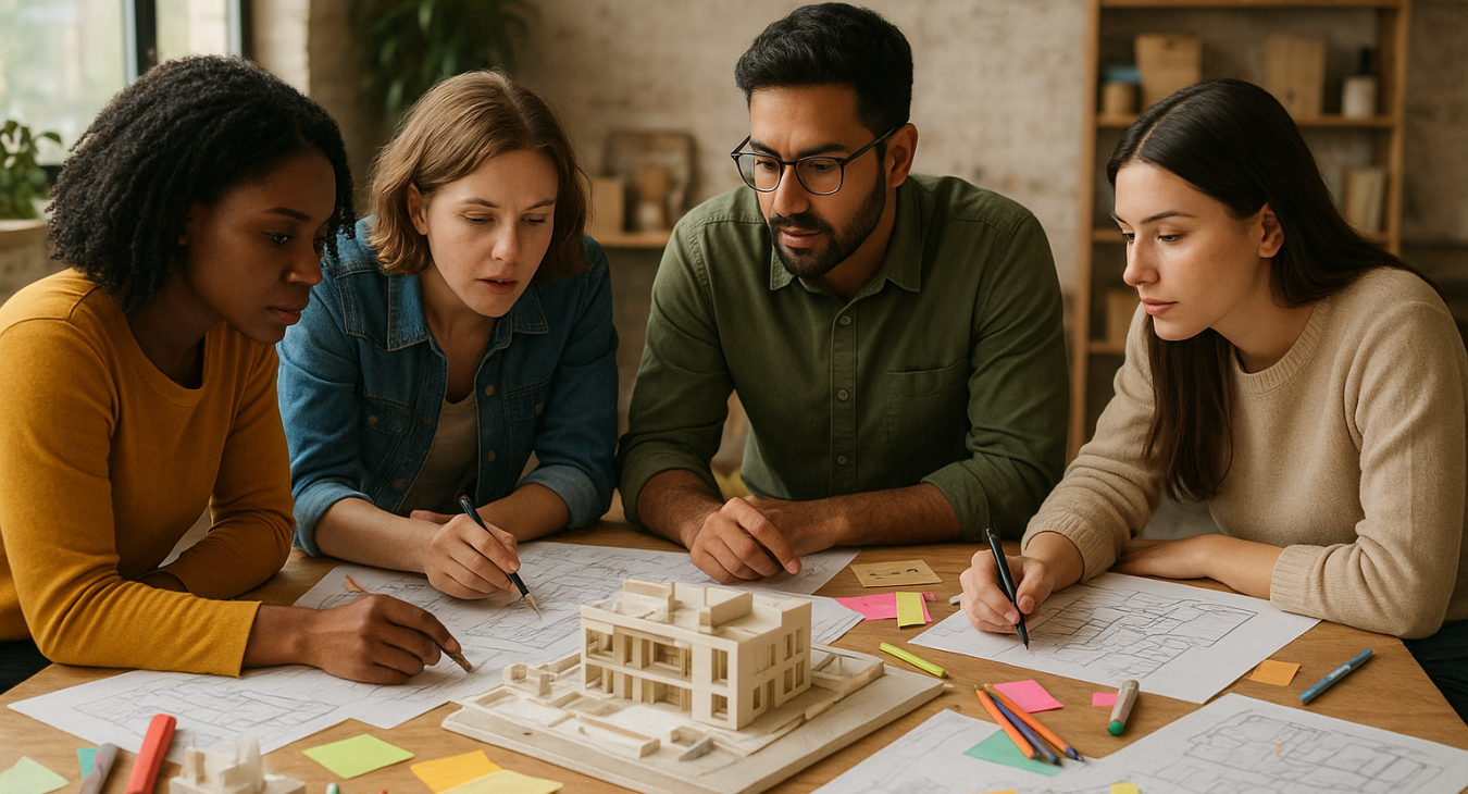 Diverse group of women and men earnestly brainstorming around a workshop table filled with models, sketches, and colorful tools, illustrating creativity as a process.