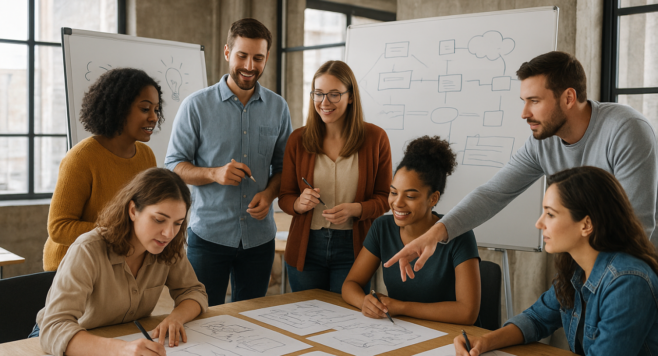 Diverse group of men and women collaboratively brainstorming and sketching on whiteboards in a bright open-plan workshop.