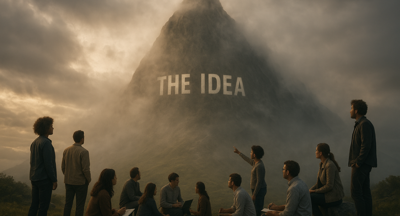 Diverse groups of men and women in an intellectual space confront a massive, fog-shrouded mountain labeled 'The Idea', symbolizing a daunting challenge.