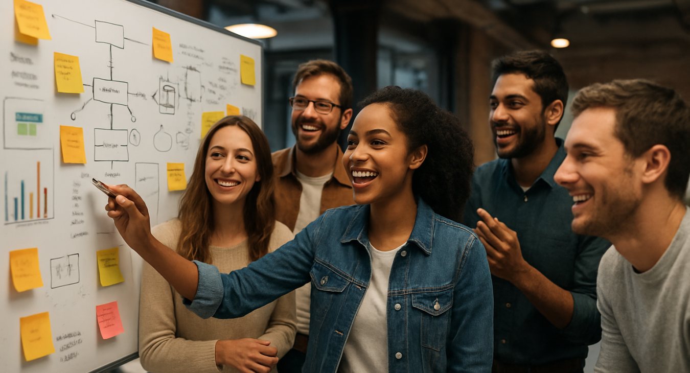 Diverse team collaboratively brainstorming around a whiteboard with diagrams and sticky notes in a modern studio.