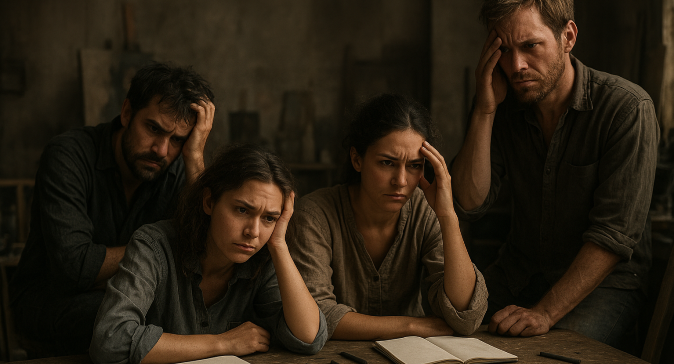 Artists in a dim studio looking frustrated at an invisible barrier blocking their creativity.