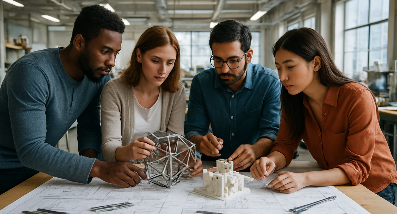 Diverse group of men and women intensely collaborating in a bright modern workshop, surrounded by architectural blueprints, tools, and complex prototypes they are building together.