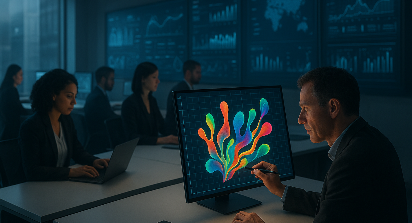Futuristic office with diverse professionals and glowing data screens; one person sketches vibrant organic forms in contrast.