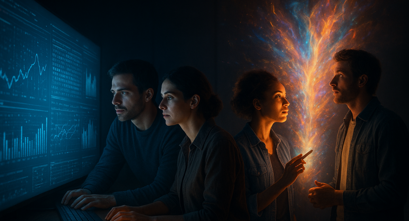 Two men and two women collaborating: one group faces glowing screens with complex graphs and binary code, while another group stands beside them illuminated by a burst of vibrant, abstract light.