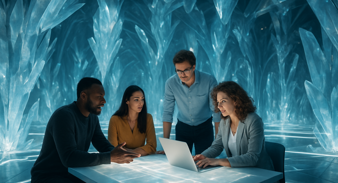 Diverse men and women collaborating in a surreal crystalline space with glowing pathways, symbolizing a radical breakthrough outside conventional thinking.