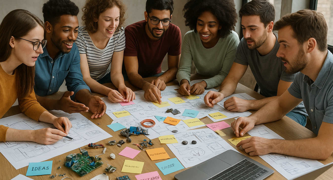 Diverse group of young adults collaborating enthusiastically around a table with blueprints, sketches, technology components, and a vibrant brain model.