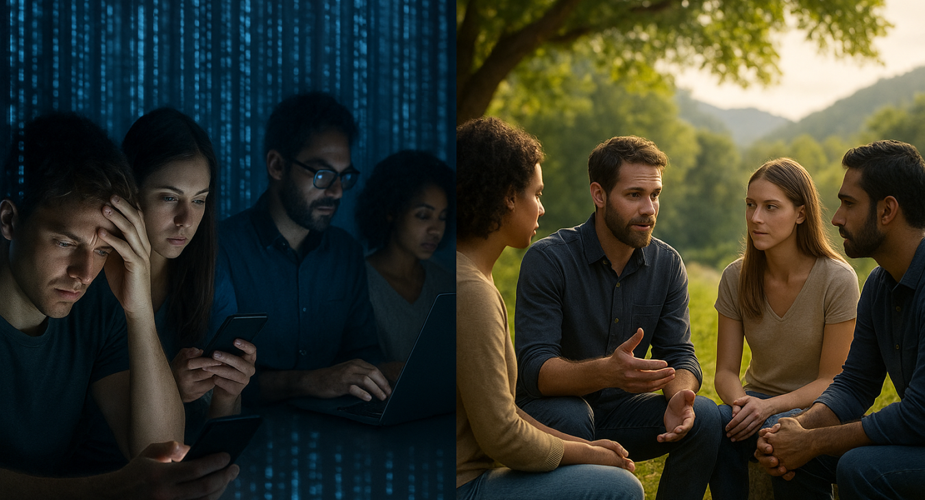 A photorealistic split landscape: one side shows people overwhelmed by flashing screens and digital data lines; the other side features a small group in a serene, tech-free setting.