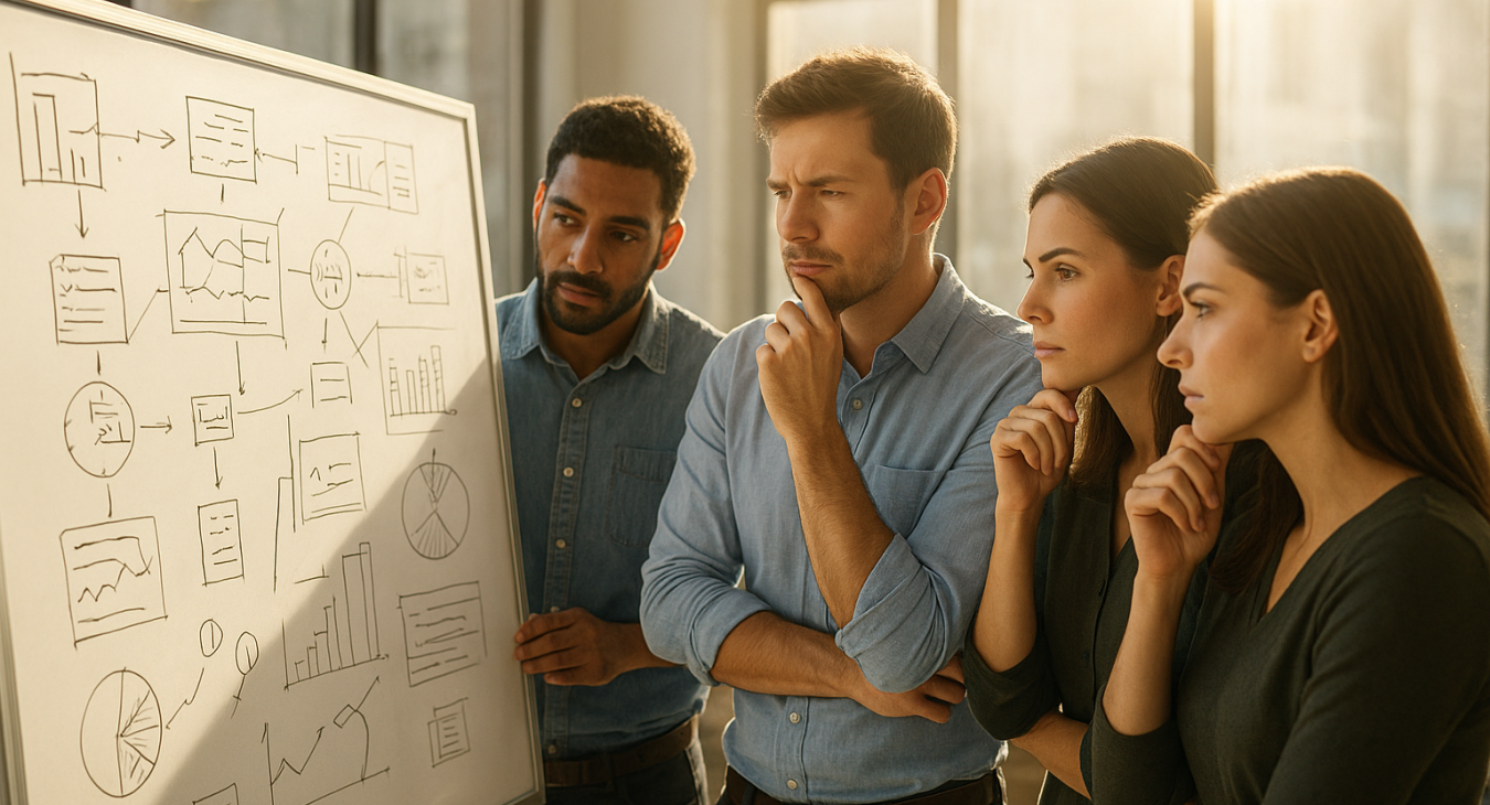 A diverse team of men and women collaborates thoughtfully around a whiteboard covered in diagrams and plans, illuminated by bright sunlight streaming through large windows.