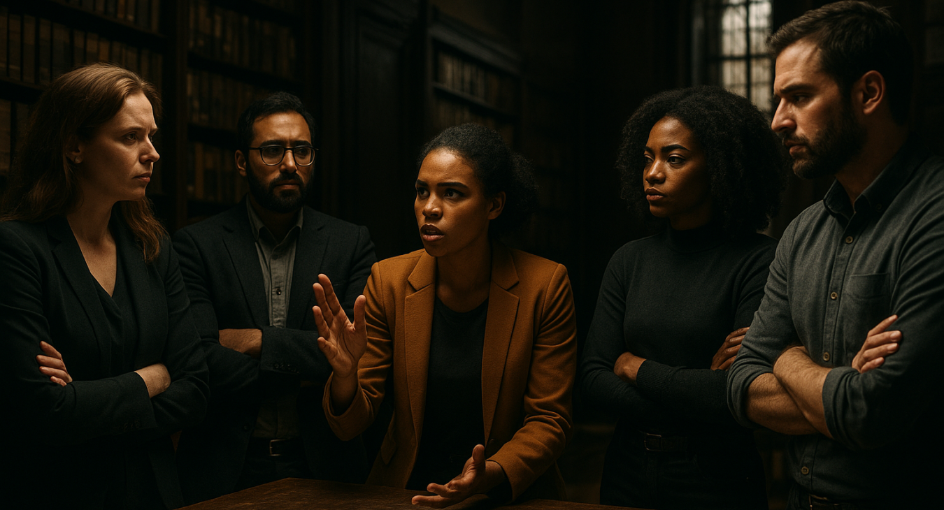 Diverse group of women and men engaged in intense discussion in an archive or university setting, embodying intellectual courage and critical thought