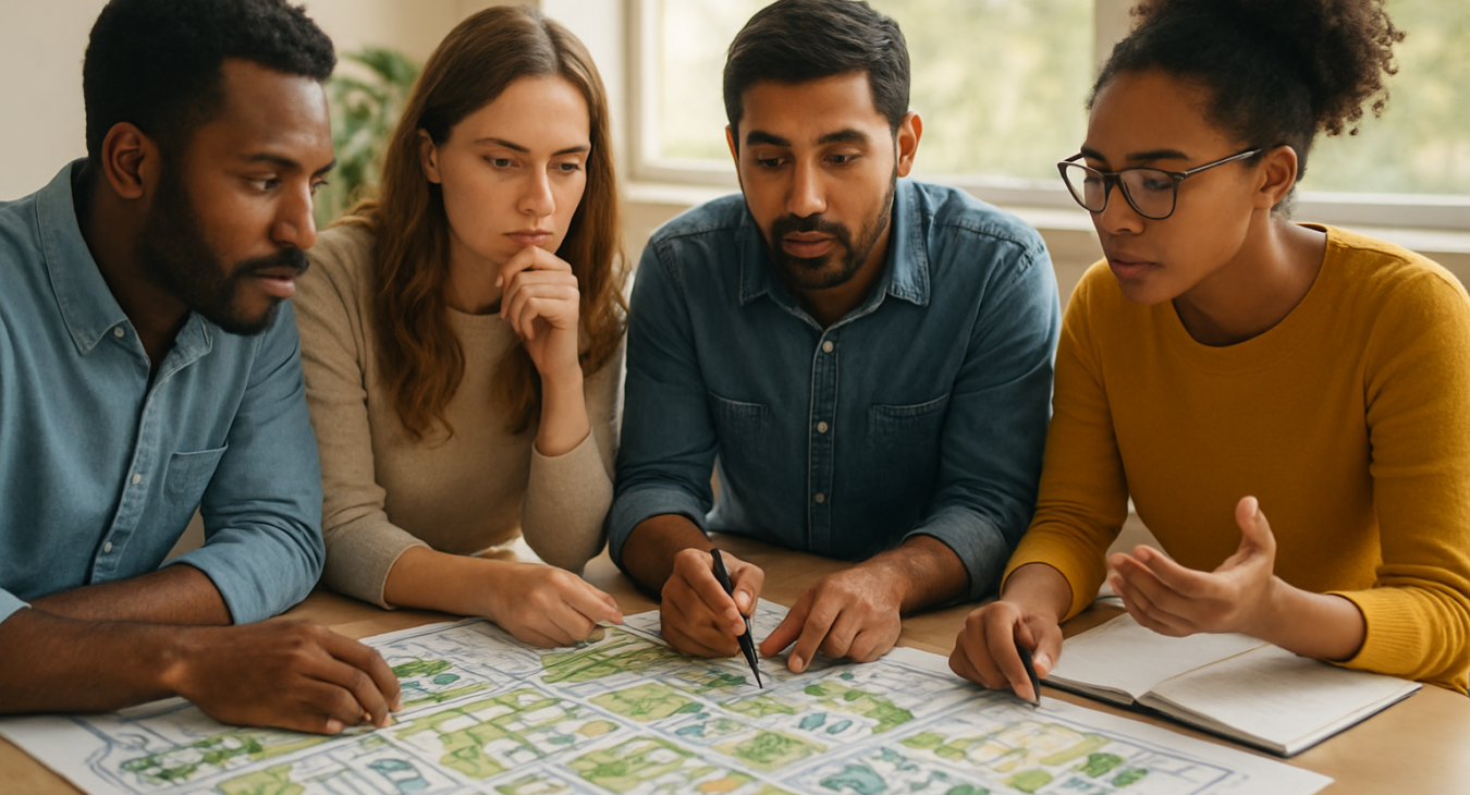 Diverse group of men and women collaborating on a complex sustainability or social solution problem in bright natural light, with deep thought and discussion.
